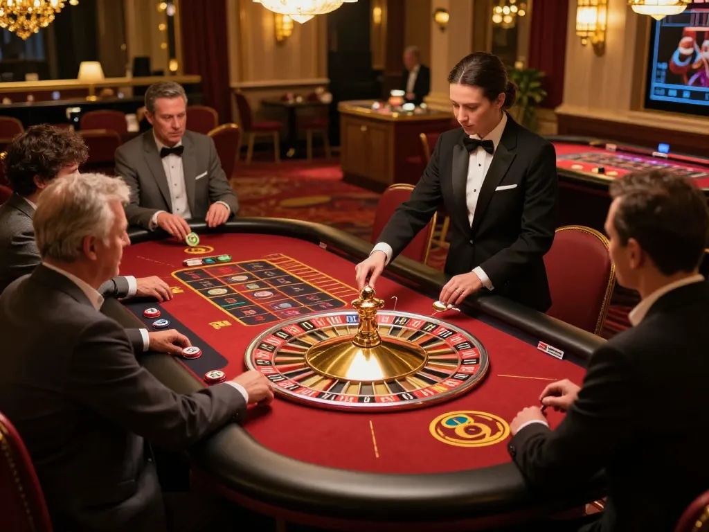Spectators engaging in thrilling soi keo nha cai gameplay at a roulette table in a luxurious casino setting.