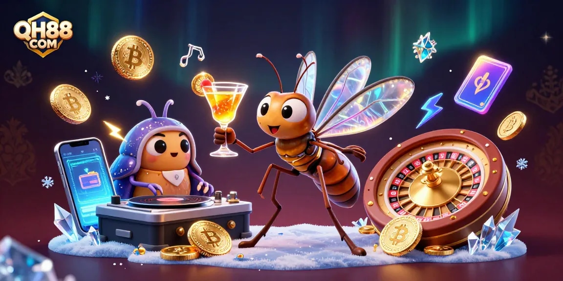 Spin with excitement at QH88 COM featuring a lively casino mascot amidst neon crypto elements and rich gaming symbols.