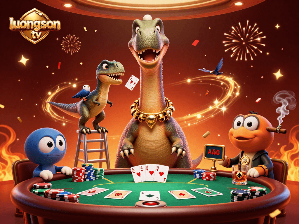 Experience the thrill of gambling with luongson tv featuring a dramatic scene with cartoon characters at a poker table.