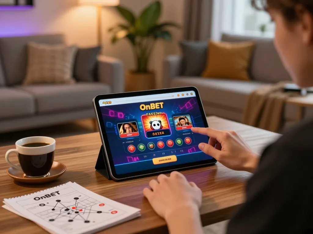 Engaging with the OnBet casino app on a tablet in a cozy home gaming setup.