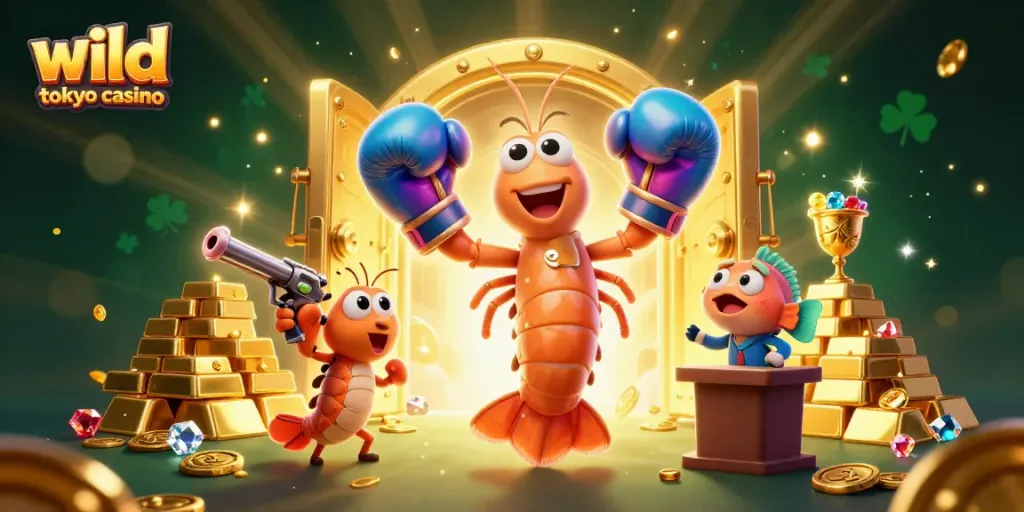 Engage in thrilling gameplay at wild tokyo casino with colorful shrimp characters amid gold treasures.