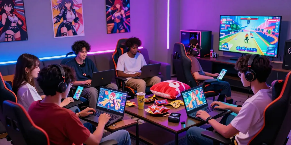 Friends enjoying hentai games in a vibrant gaming lounge with colorful decorations and devices.