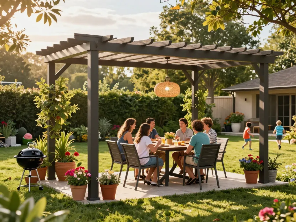 A family enjoying their backyard under a stylish pergola 3D planner design, enhancing outdoor dining experience.