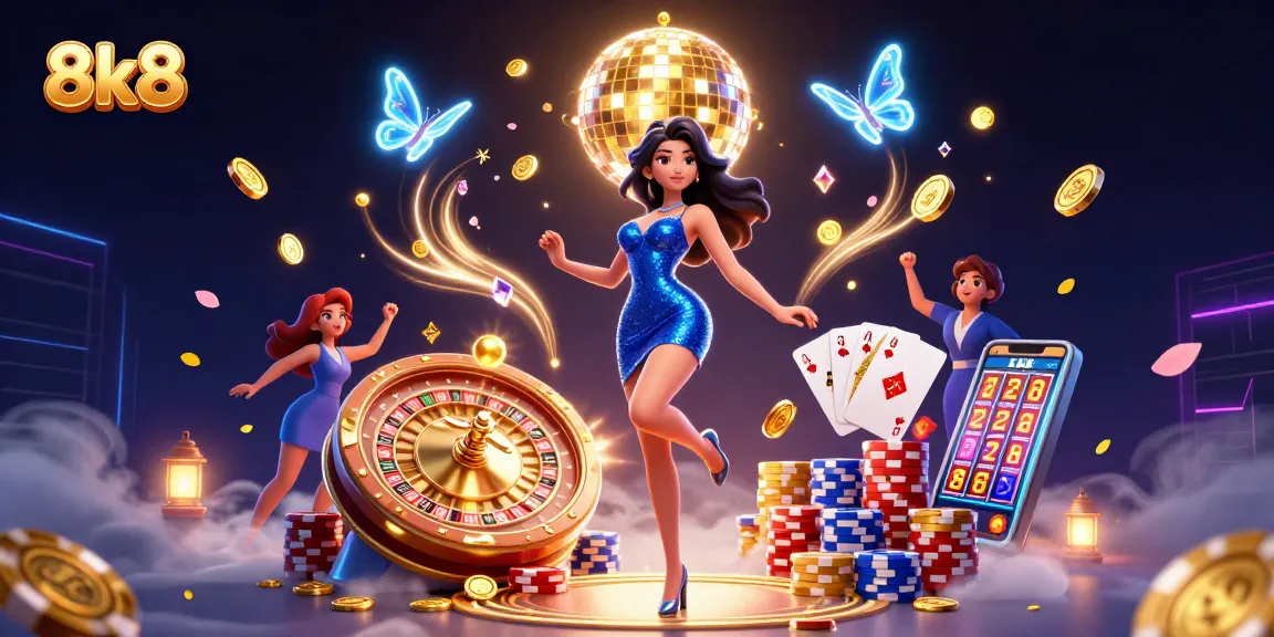 Experience winning excitement at 8k8 with glamorous casino scenes, vibrant colors, and dynamic elements.
