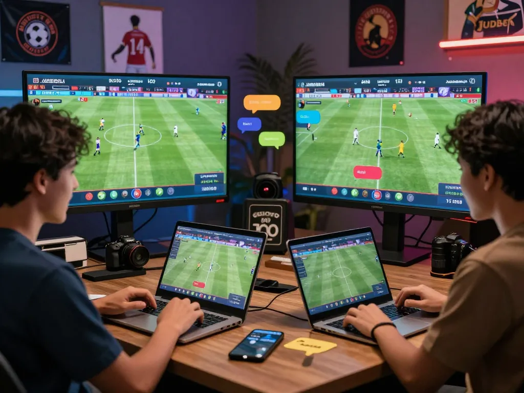 Exciting Judi Bola betting moment with diverse players engaging in live football match analysis and betting.