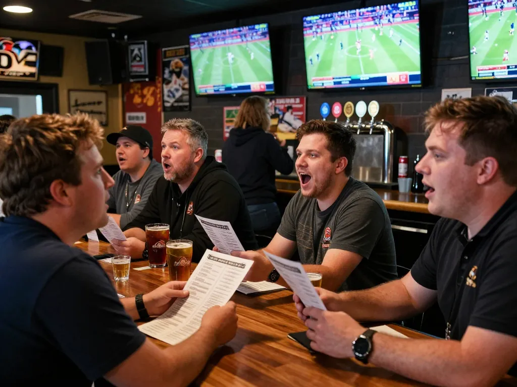 Engaged sports bettors analyzing odds and strategies at a lively bar, showcasing bsport action.