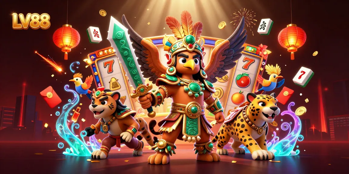 Engage with LV88’s thrilling slot games in a vibrant 3D casino adventure illustration.