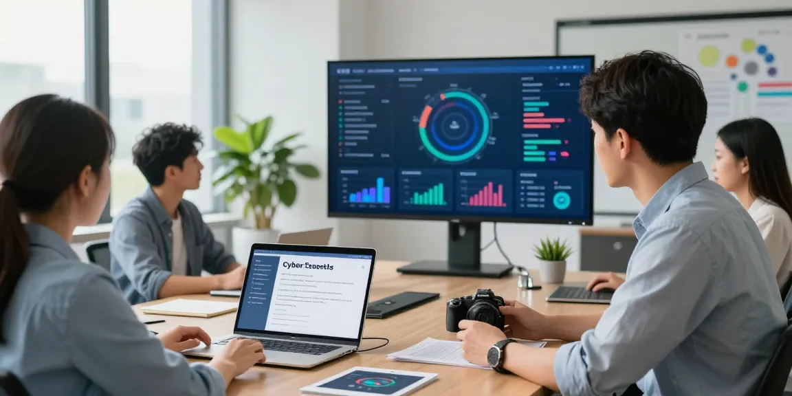 Cyber Essentials vs Cyber Essentials Plus comparison in a modern office setting, with IT consultant reviewing compliance metrics and colleagues discussing cybersecurity strategy.