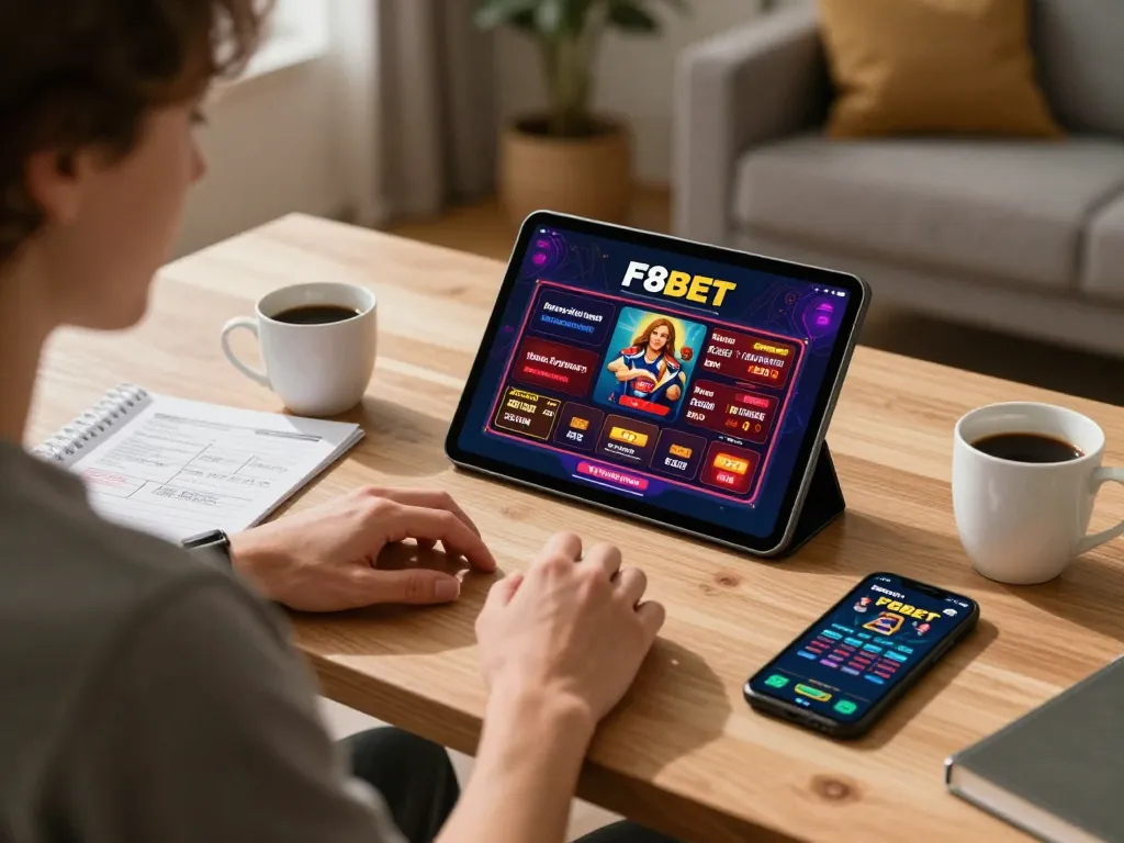 F8BET user engaging in online gambling while reviewing betting strategies in a cozy home office setup.