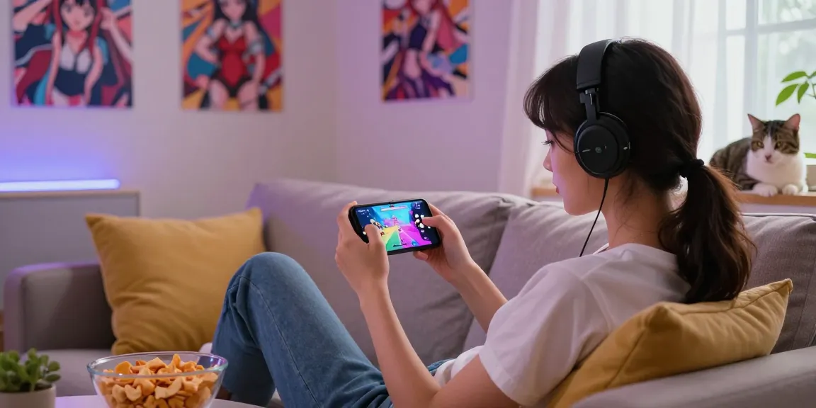 Engaged user playing mobile hentai game on smartphone in cozy living room, showcasing colorful graphics and relaxed atmosphere.