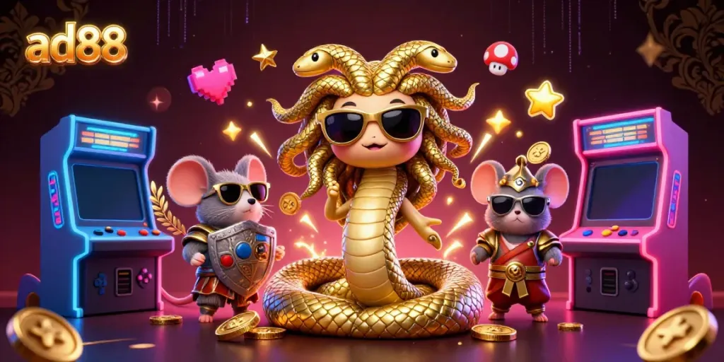 Engage in the excitement of ad88 with a vibrant 3D casino scene featuring lively characters and game elements.