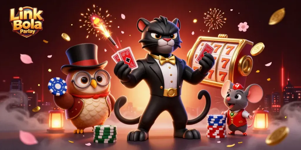 Play Link Bola Parlay with a stylish casino scene featuring a black panther dealer, lucky owl, and chip stacks.