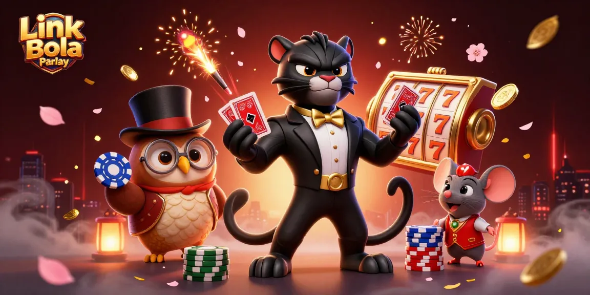 Play Link Bola Parlay with a stylish casino scene featuring a black panther dealer, lucky owl, and chip stacks.