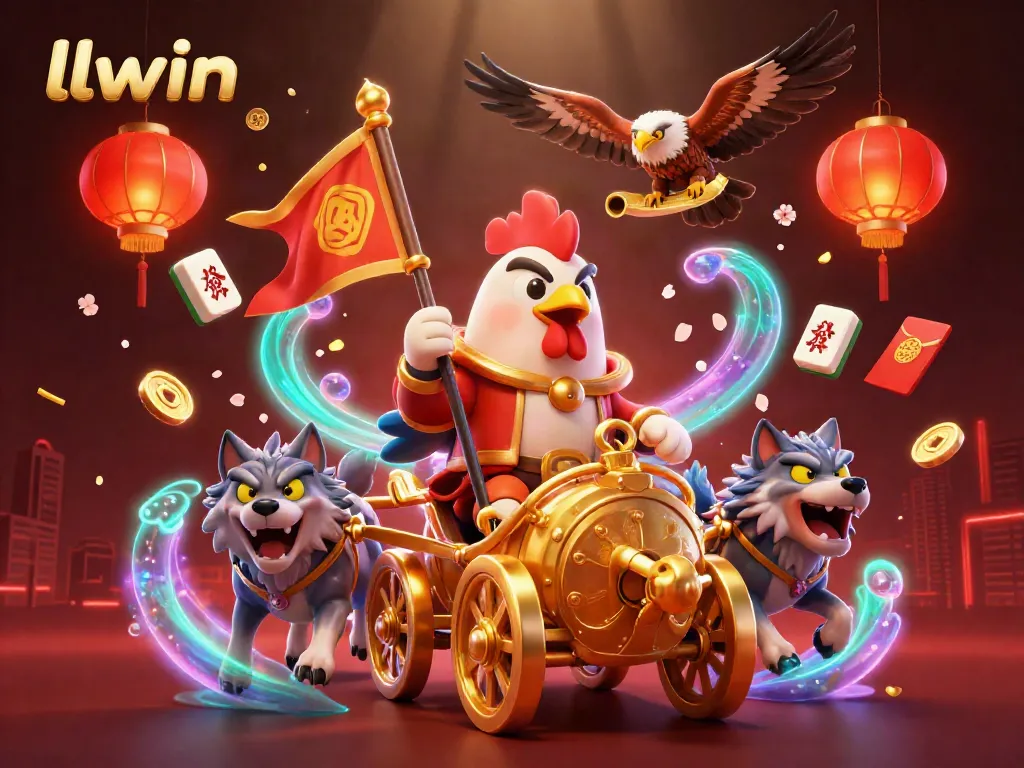 Engage with the dynamic llwin casino scene featuring a rooster warlord, wolves, and golden game elements.