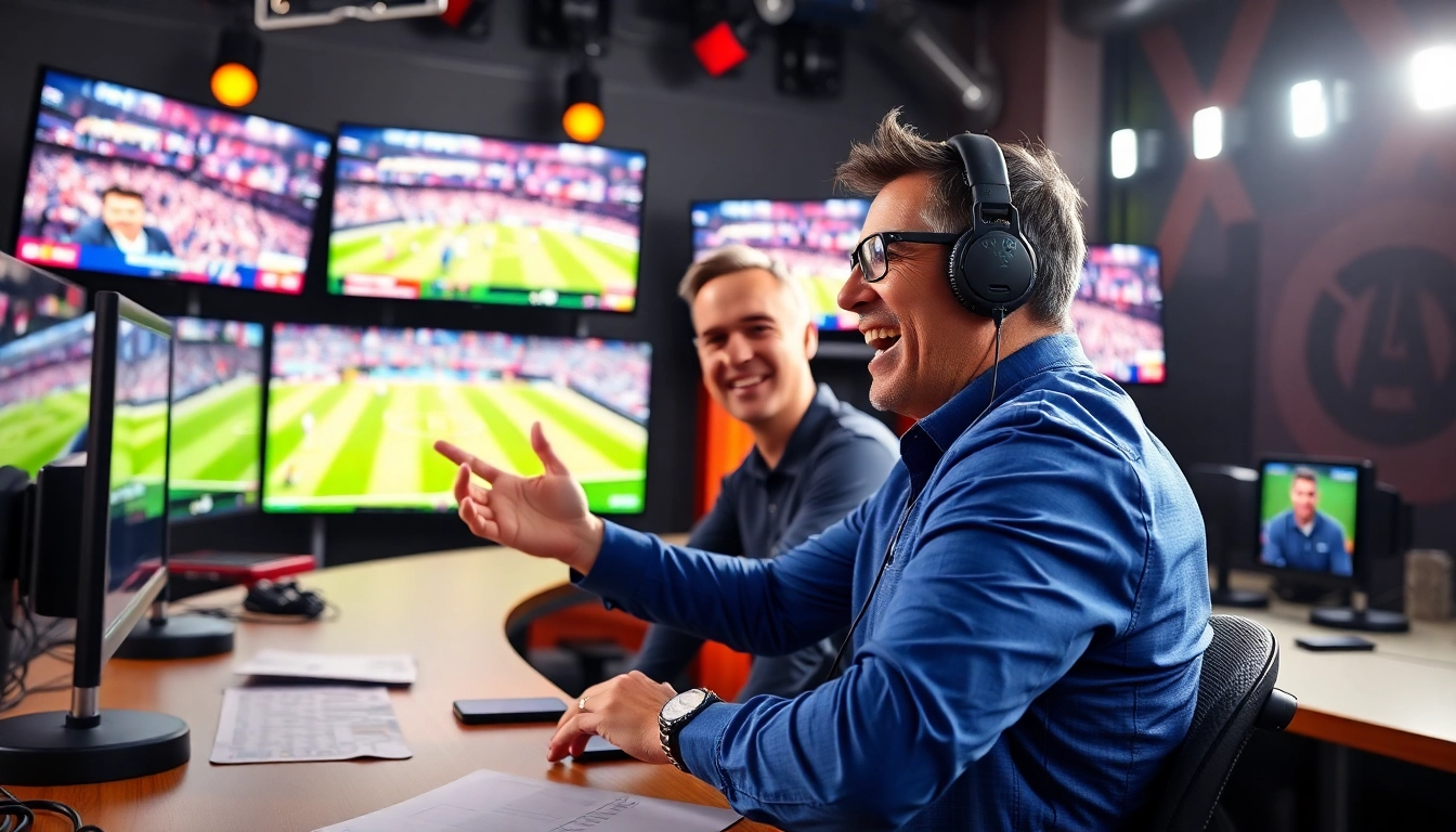 Sports Broadcasting announcer enthusiastically presenting live game action in a professional studio.