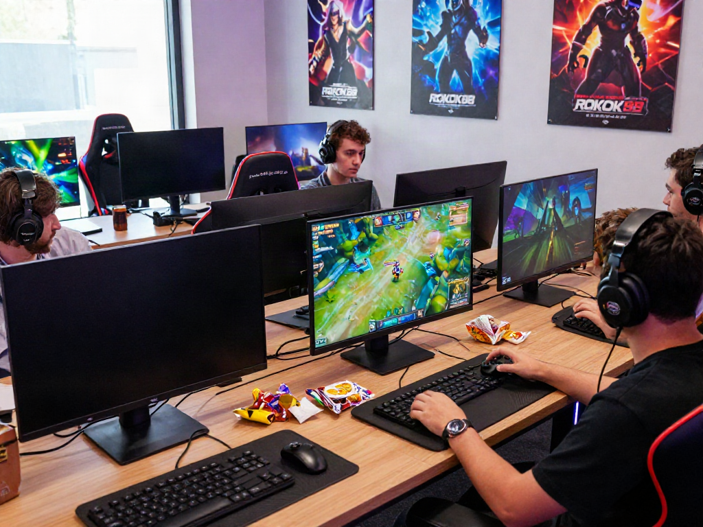 Players immersed in ROKOK88 game, showcasing vibrant setups and energetic atmosphere