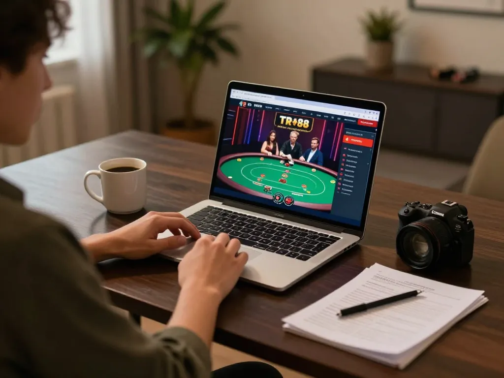 Player engaging with TR88 online casino on laptop at home, showcasing strategic gambling atmosphere.