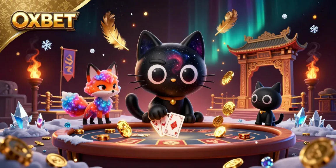 OXBET's cosmic casino scene with a black hole cat drawing in chips, vibrant and dynamic gaming atmosphere.