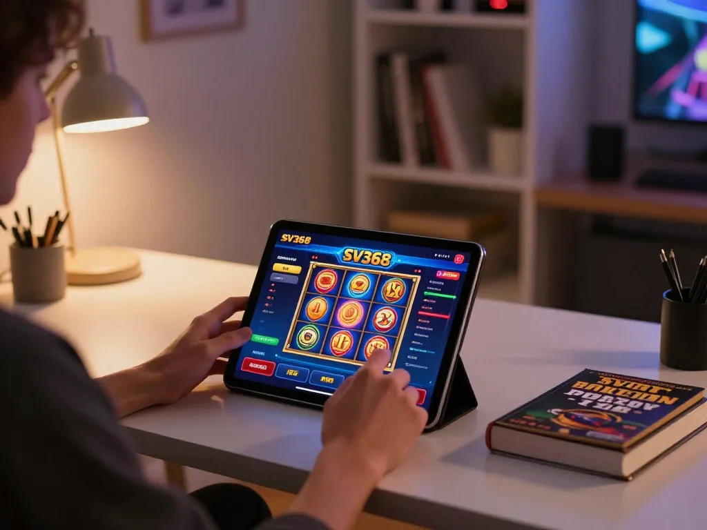 SV368 app user enjoying online slots on tablet in a cozy gaming setup, highlighting responsible gambling.