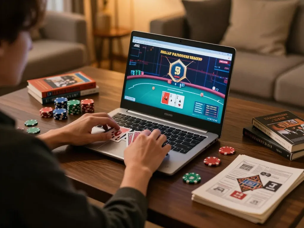 Engaging in online poker at home showcasing uu88vip gaming strategy.