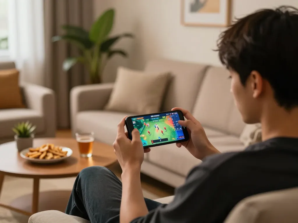 Player engaging with SV368 Đá gà thomo app on smartphone in a cozy living room.