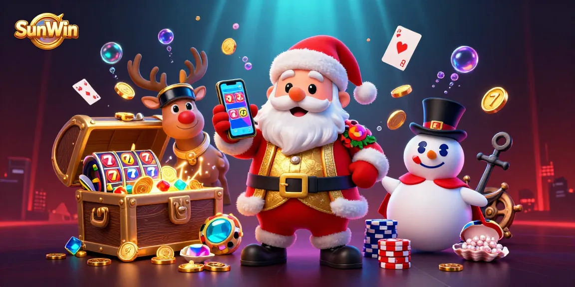 Spin the jackpot reels with SunWin's festive casino illustration featuring Santa and friends!