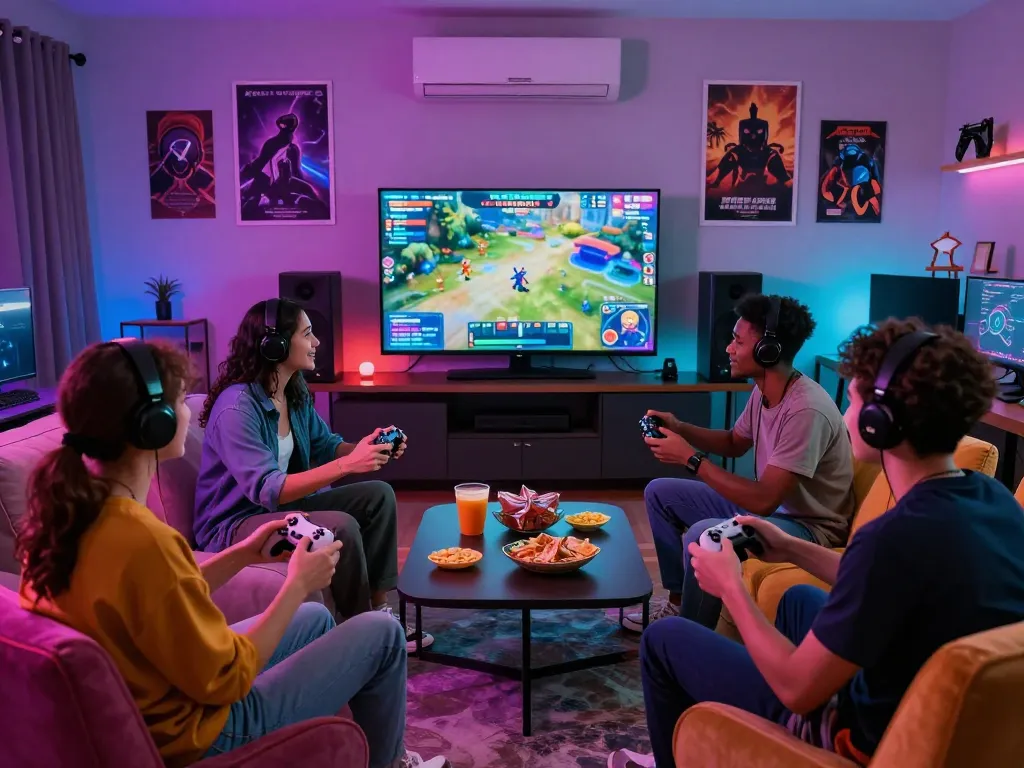 Friends enjoying a gaming night with https://rikviprent.com displayed on the screen, capturing excitement and camaraderie.