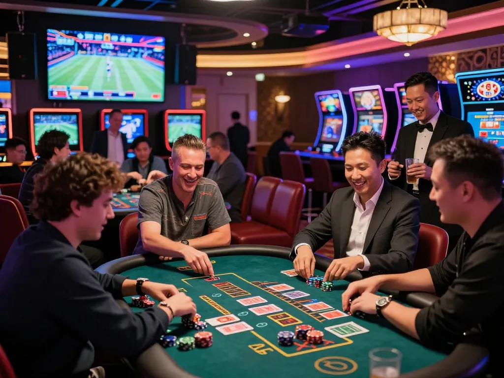 A lively mm oo gambling scene with players at a casino table, vibrant atmosphere and neon lights.