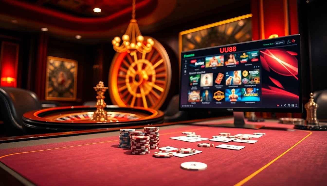 Experience the excitement of nhà cái UU88 with a vibrant casino scene featuring poker tables and roulette.