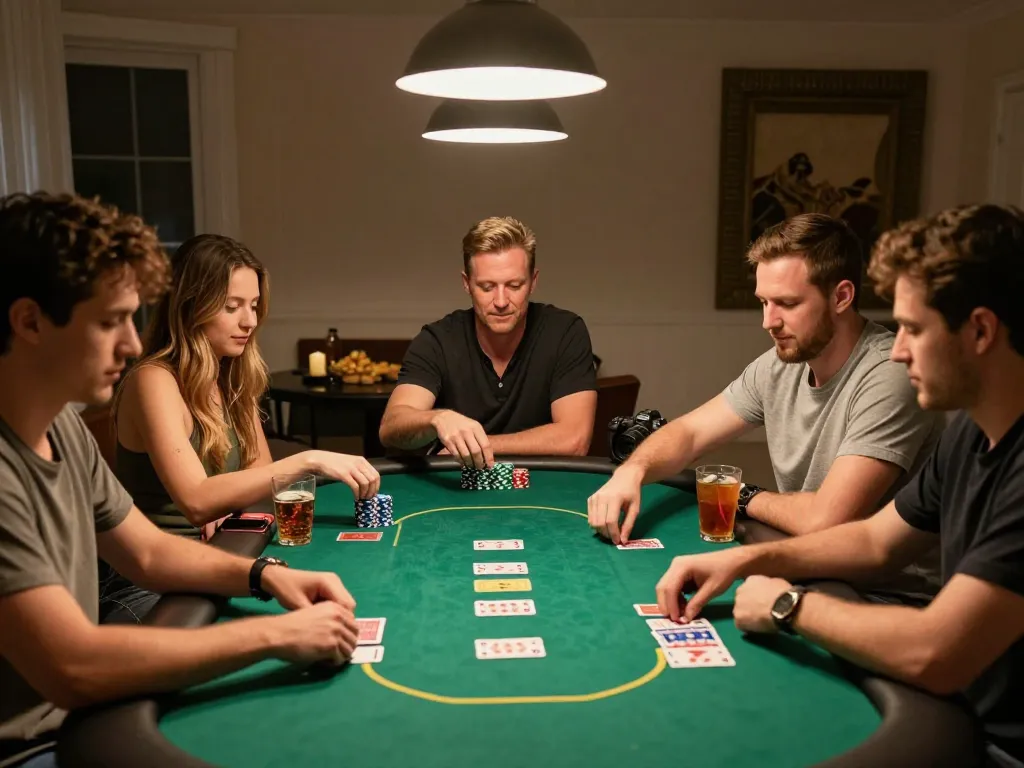 Engaged players strategizing their bets at a tg 88 home poker night with warm lighting and snacks.