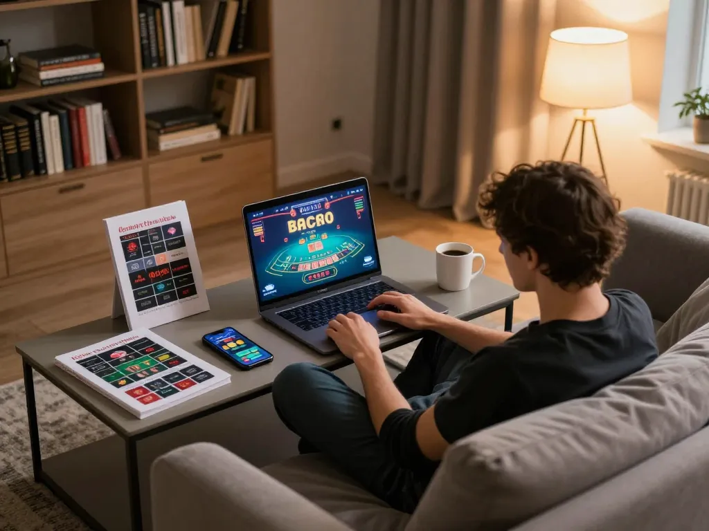 Player engaged in online baccarat game on trang chủ lc88 in a cozy home setting, surrounded by strategy guides and drinks.