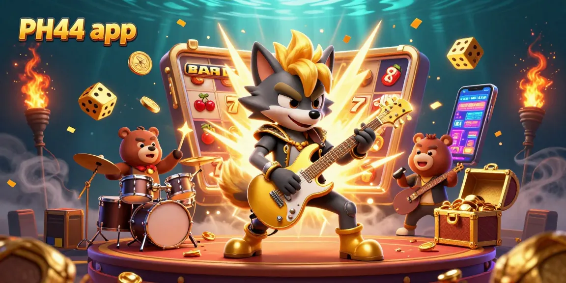 Experience thrilling gameplay with the PH44 app, featuring dynamic scenes of a rock star wolf in a casino setting.