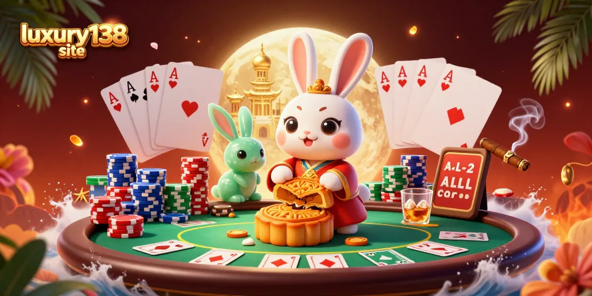 Engage with the luxury138 site as a moon rabbit plays casino games under a mystical moon.