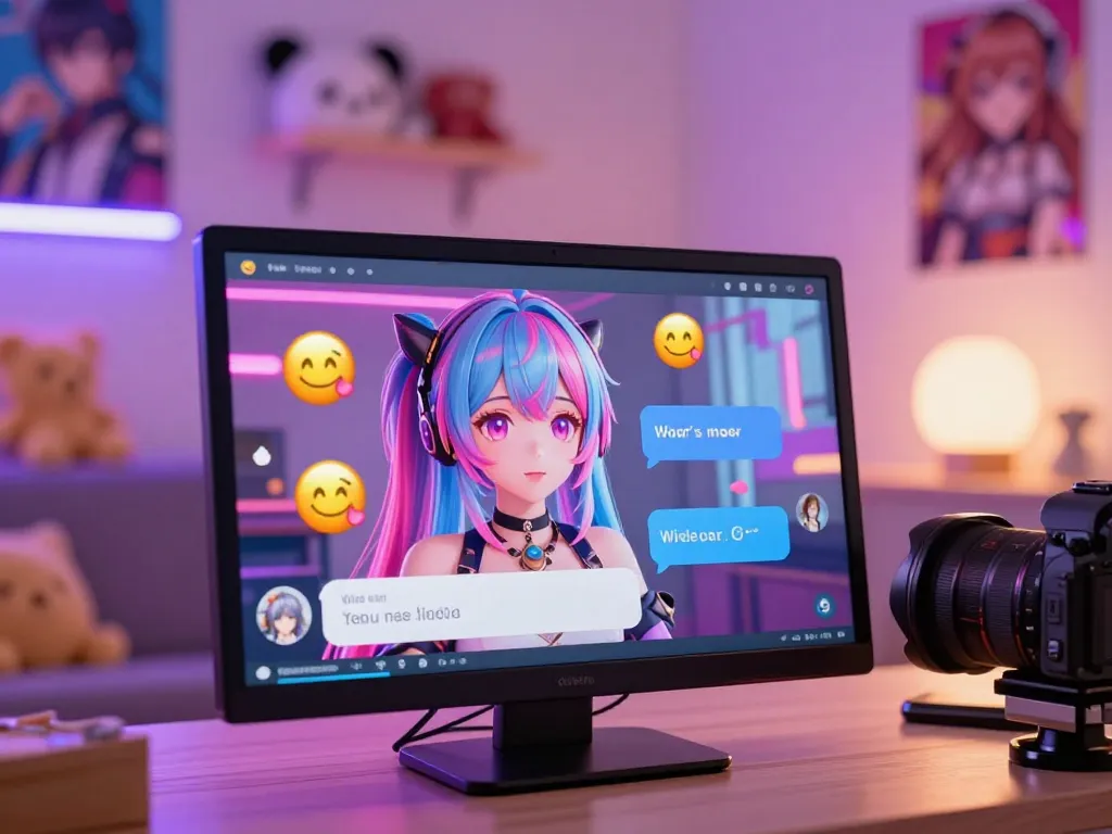 Engaging scene of a colorful anime character in a lively hentai ai chat interface, surrounded by digital emojis and a cozy virtual setting.