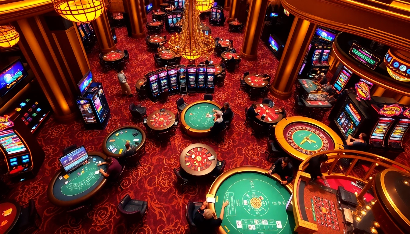 A vibrant casino scene showcasing high-stakes games at nhà cái lu88 with players enjoying poker and slot machines.