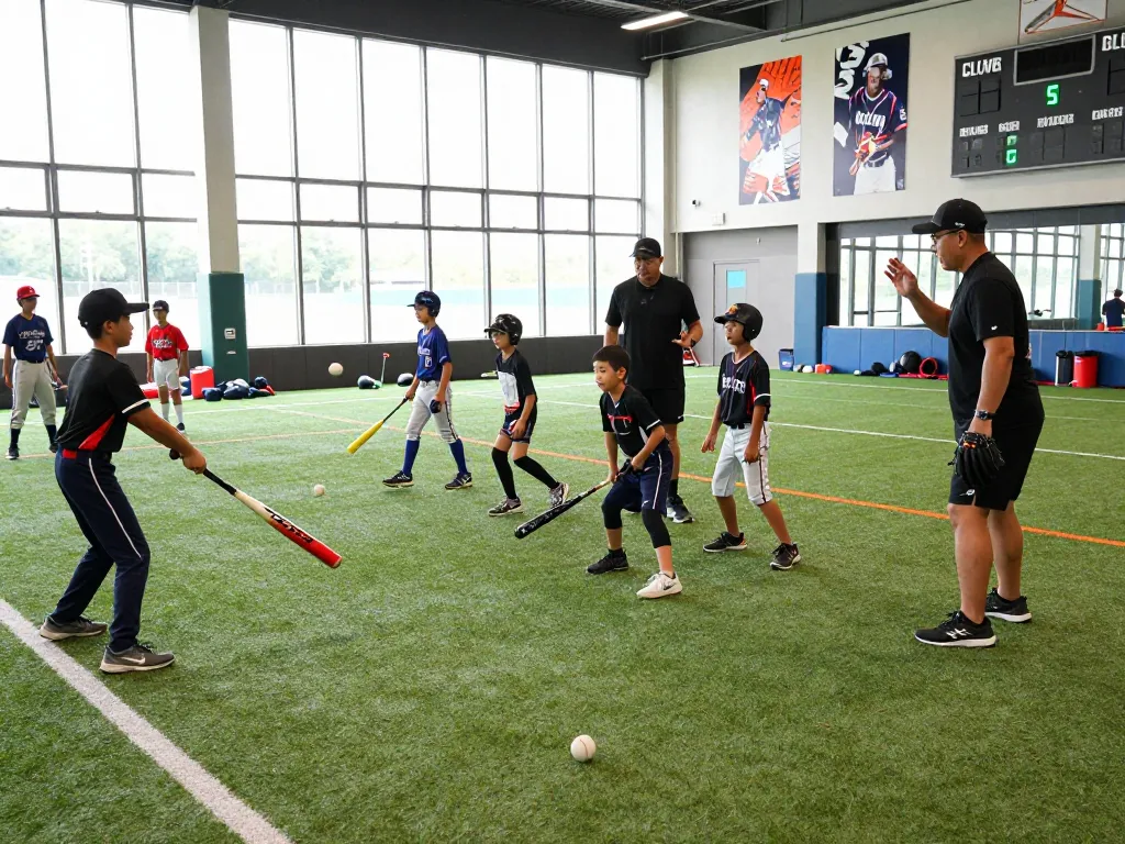 Young athletes practicing baseball at Hitclub training facility, focusing on technique and teamwork.