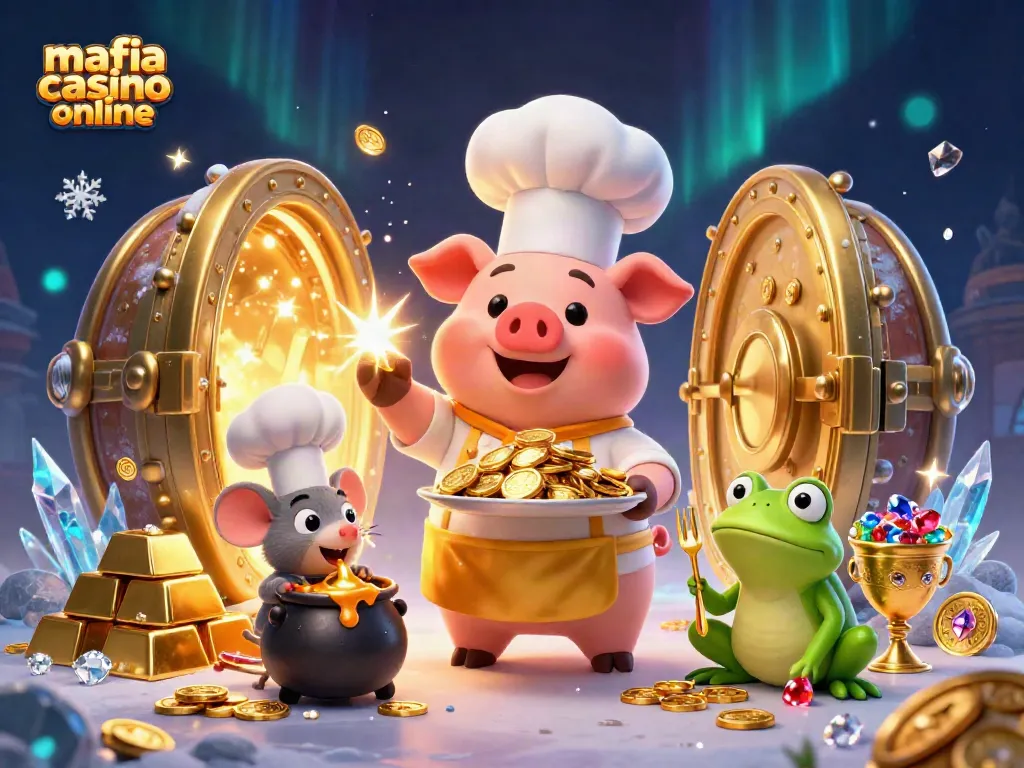 Experience the thrill of mafia casino online with vibrant characters serving treasure and jewels.
