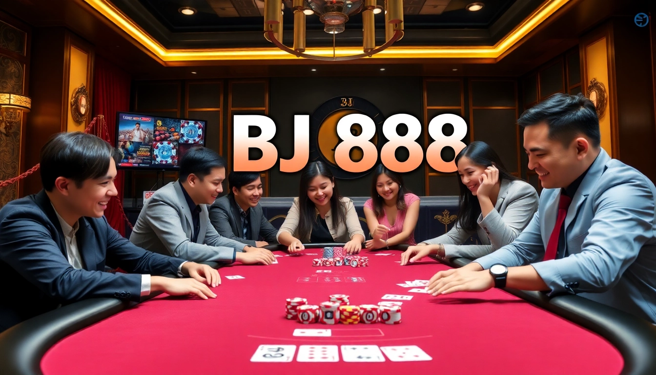 Engaging scene of BJ 88 players at a casino table, showcasing excitement and professional gambling.