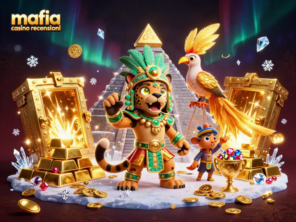 Mafia casino recensioni showcases a splendid 3D illustration with a captivating Mayan jaguar priest and golden jewels.