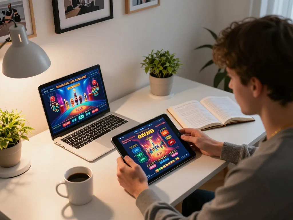 Engaging in online betting at home with Đại lý cm88 app on tablet, showcasing strategic gameplay and comfortable setup