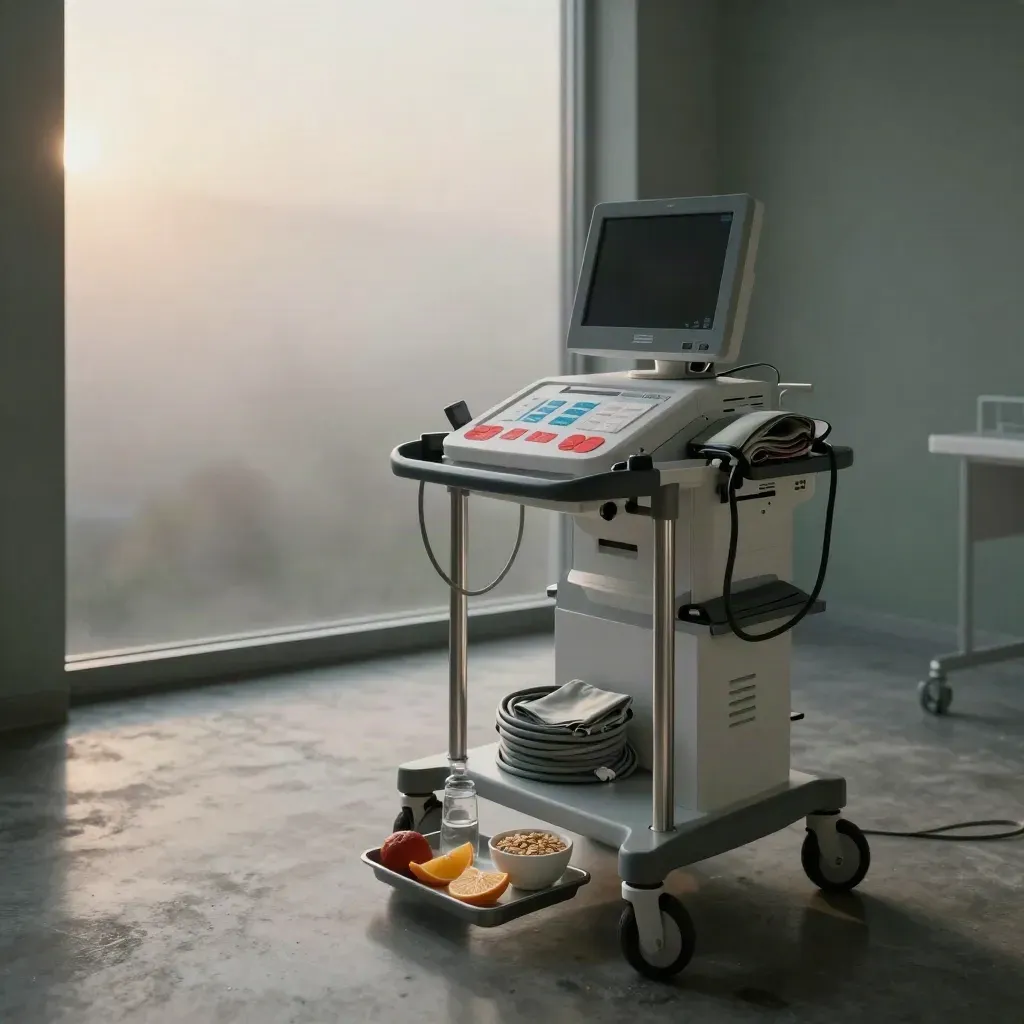 Suite clinica all’alba con ECG, bracciale pressione, lettino e vassoio nutrizione sportiva