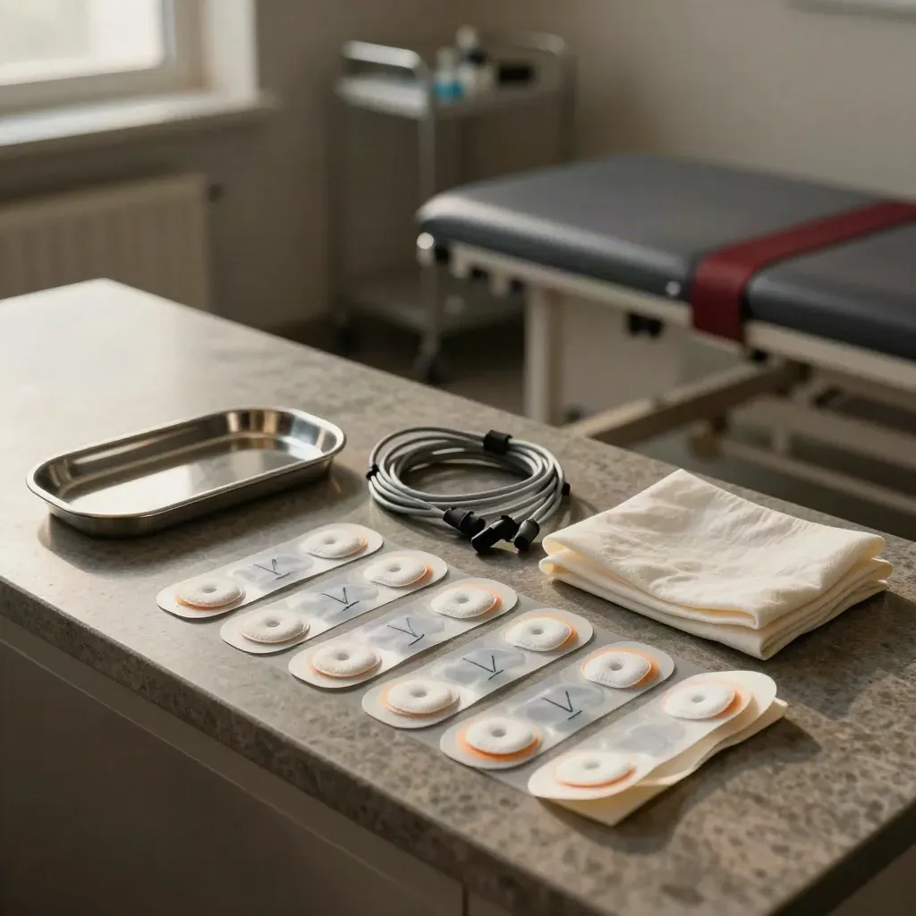 Stazione ECG a riposo con elettrodi, cavi e lettino vuoto in una clinica calma.