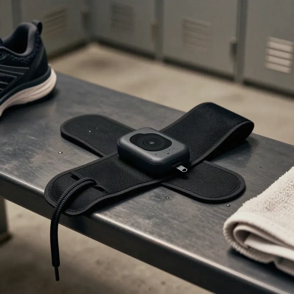 Fascia cardio e tracker su una panca scura in una luce morbida da spogliatoio.