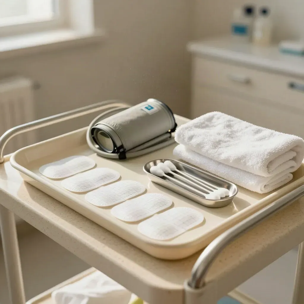 Kit di screening preventivo su vassoio crema in luce naturale, con ECG e bracciale pressione.