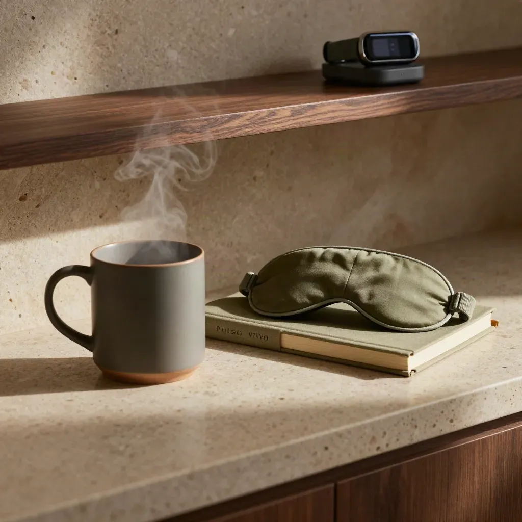 Tazza fumante, mascherina da riposo, diario chiuso e dock per wearable su pietra calda.