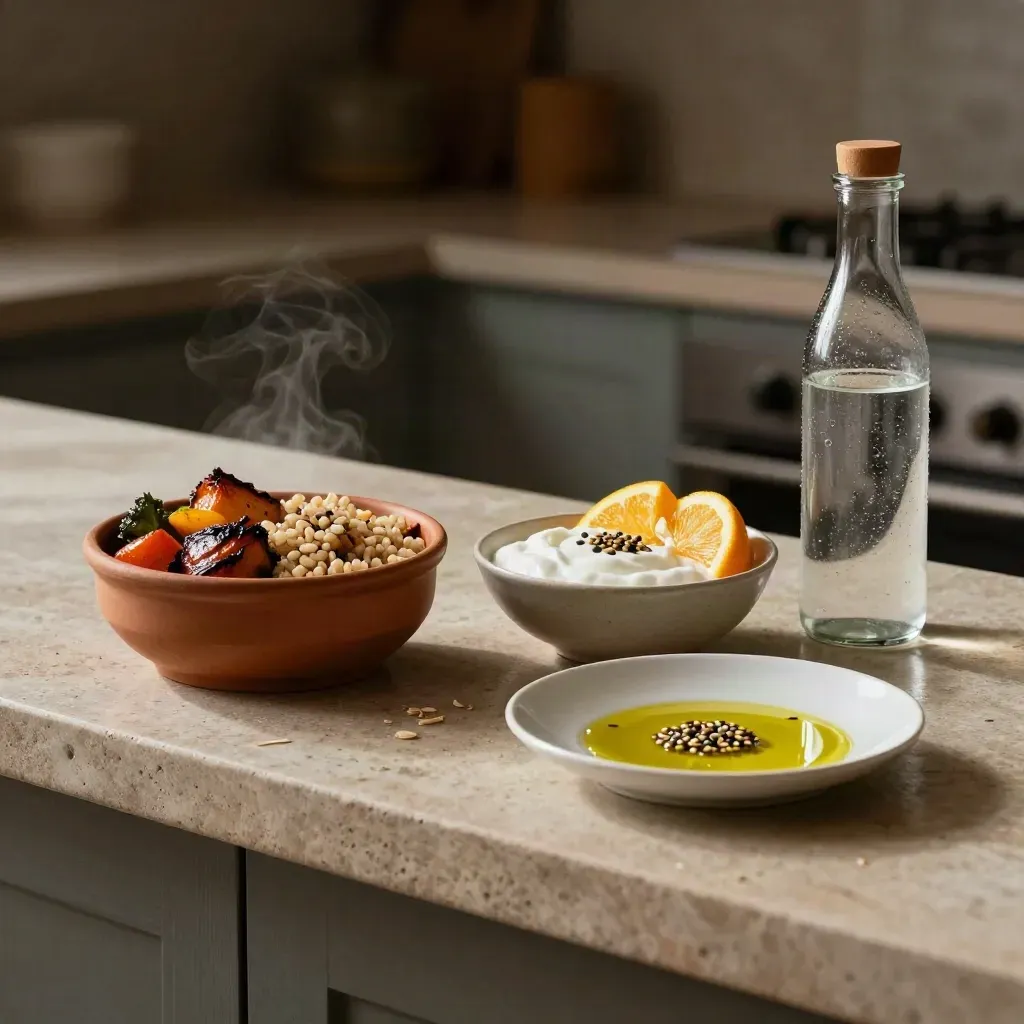 Spuntino di recupero atletico con verdure arrosto, cereali, yogurt, agrumi e bottiglia d’acqua.