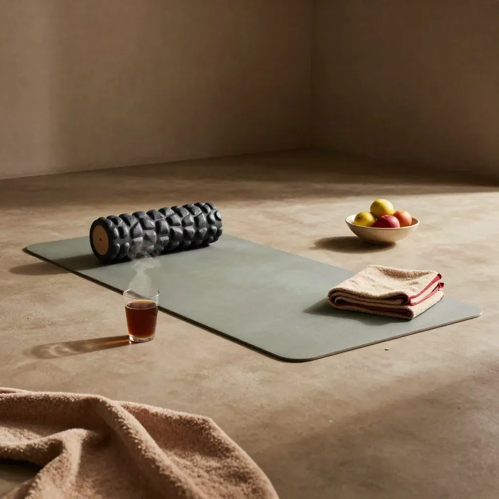 Sala training buia con tappetino, rullo compressivo, frutta, coperta piegata e vapore di una bevanda.