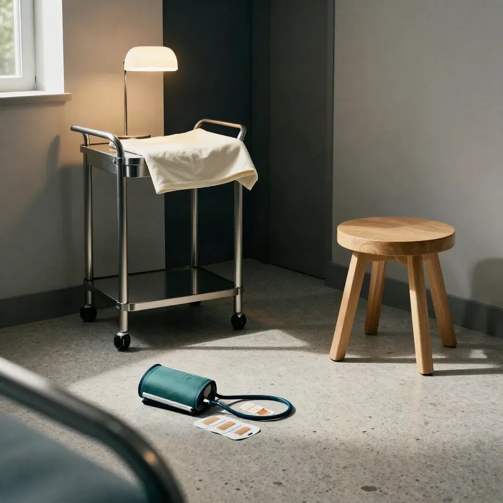 Angolo visite con bracciale pressione, elettrodi ECG, lampada e sgabello in luce calda
