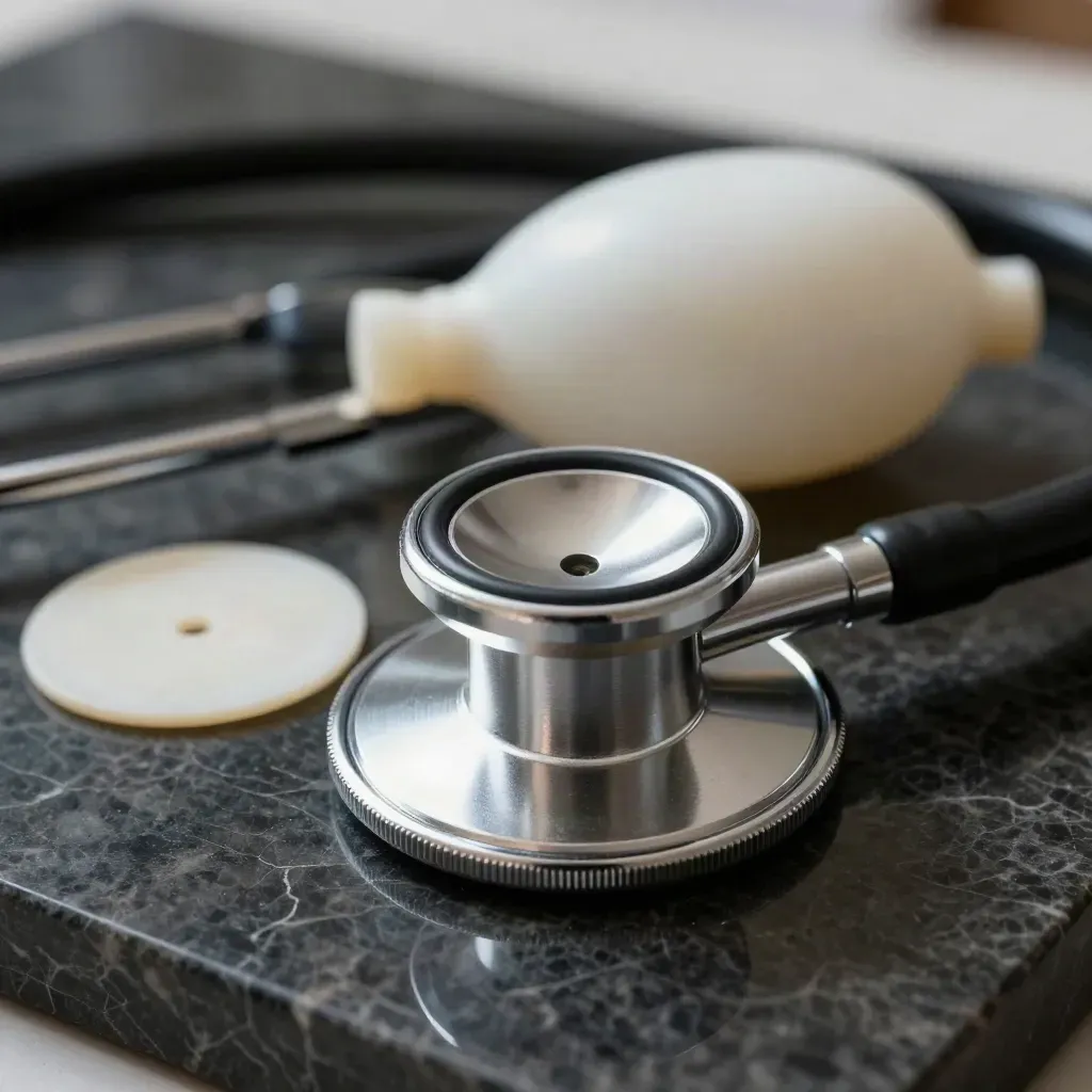 Dettaglio macro di stetoscopio, elettrodo ECG e bulbo sfigmomanometro su marmo scuro.