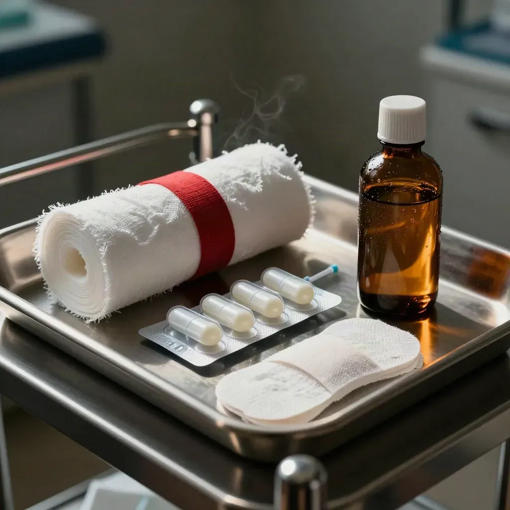 Kit infermieristico con garze, fiale saline, bendaggio e disinfettante in vassoio d’acciaio.